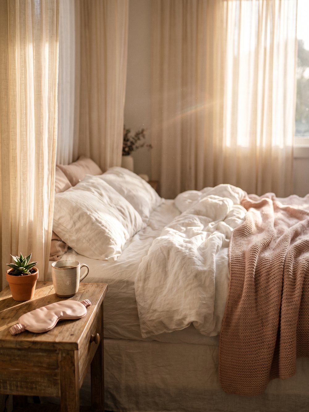 A soft, cozy bed with blush bedding and a plant in morning light