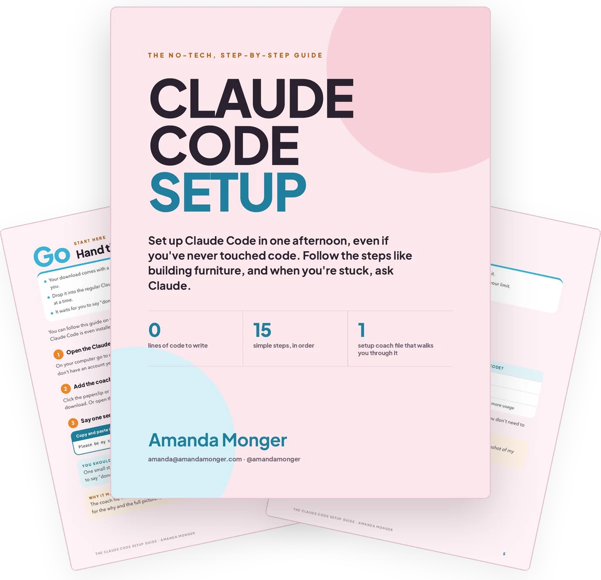 The Claude Code Setup Guide by Amanda Monger, the cover and two pages from inside