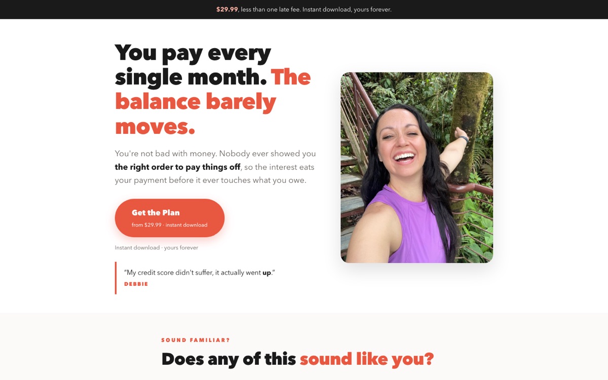 Screenshot of thedebtmonger.com, Amanda's debt guide sales page