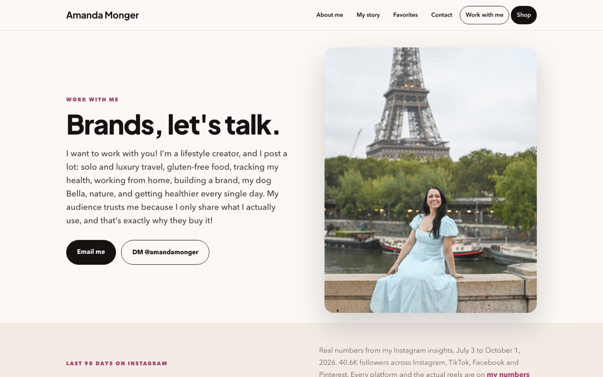 Screenshot of Amanda's Work With Me brand partnership page